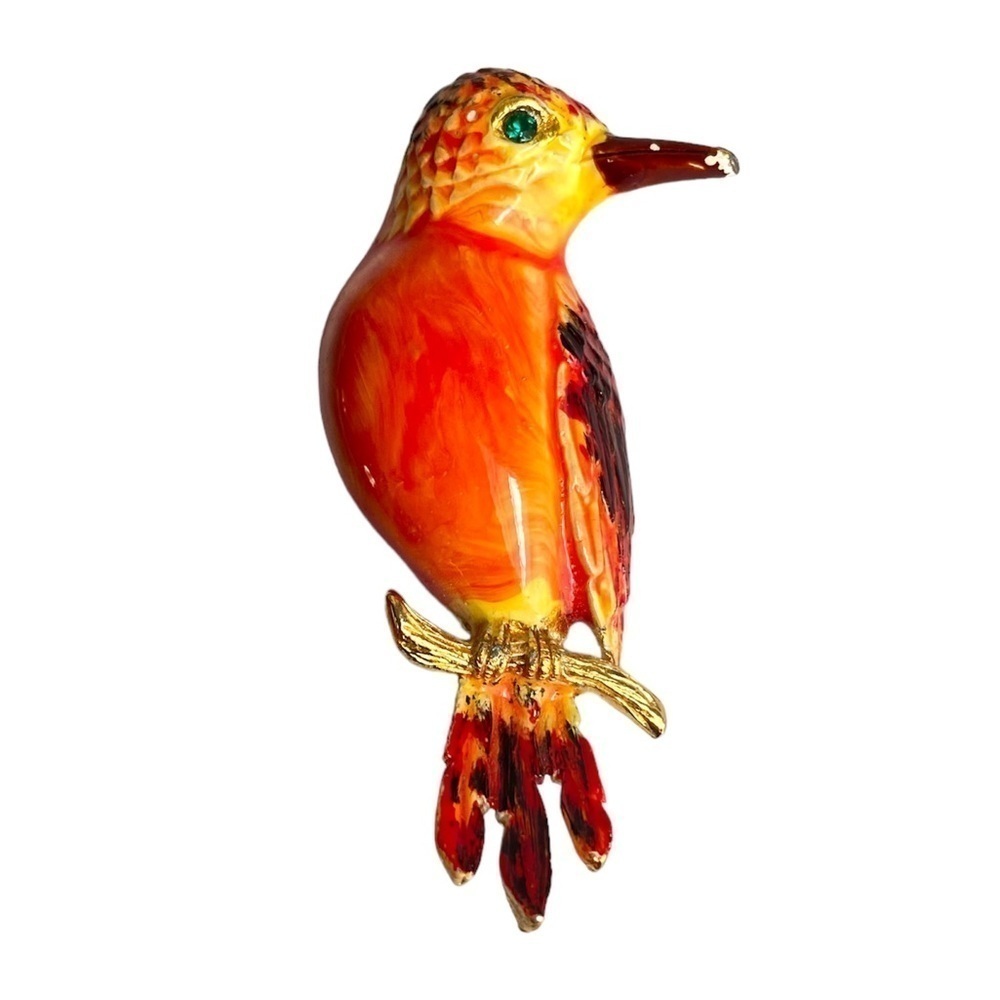 Vintage Enamel Bird‎ Brooch Orange Yellow 60s Pin Retro Green Rhinestone Eye